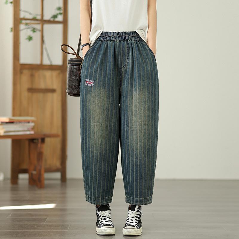 

Винтажные повседневные полосатые джинсы женские большого размера женские летние свободные гаремные брюки 9 дюймов с высокой талией повседневные джинсовые брюки 2XL синий