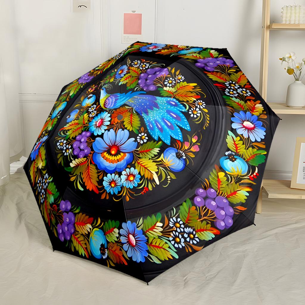 Red Rose Wreath Design Compact Travel Automatic Umbrella Folding Umbrella with 8 Ribs Lightweight All-Season Use Elegant Women's Umbrella