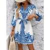 New Women's Printed V-Neck Dress, Three-Quarter Elbow Sleeve Tie Waist A-Line Midi Dress for Summer Casual Party Daily Wear
