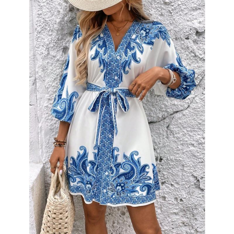 New Women's Printed V-Neck Dress, Three-Quarter Elbow Sleeve Tie Waist A-Line Midi Dress for Summer Casual Party Daily Wear
