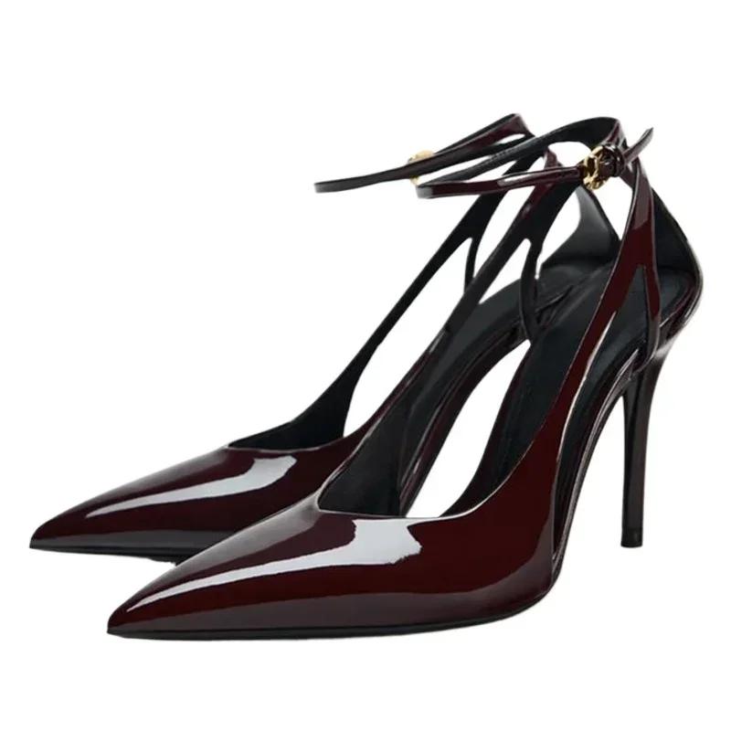 

Модные Сексуальные Туфли-Лодочки из Лакированной Кожи с Открытой Пяткой и Острым Носком 2025 Дизайнерский Бренд Тонкий Каблук Ремешок на Щиколотке Пряжка Высокие Каблуки Банкетные Туфли 42