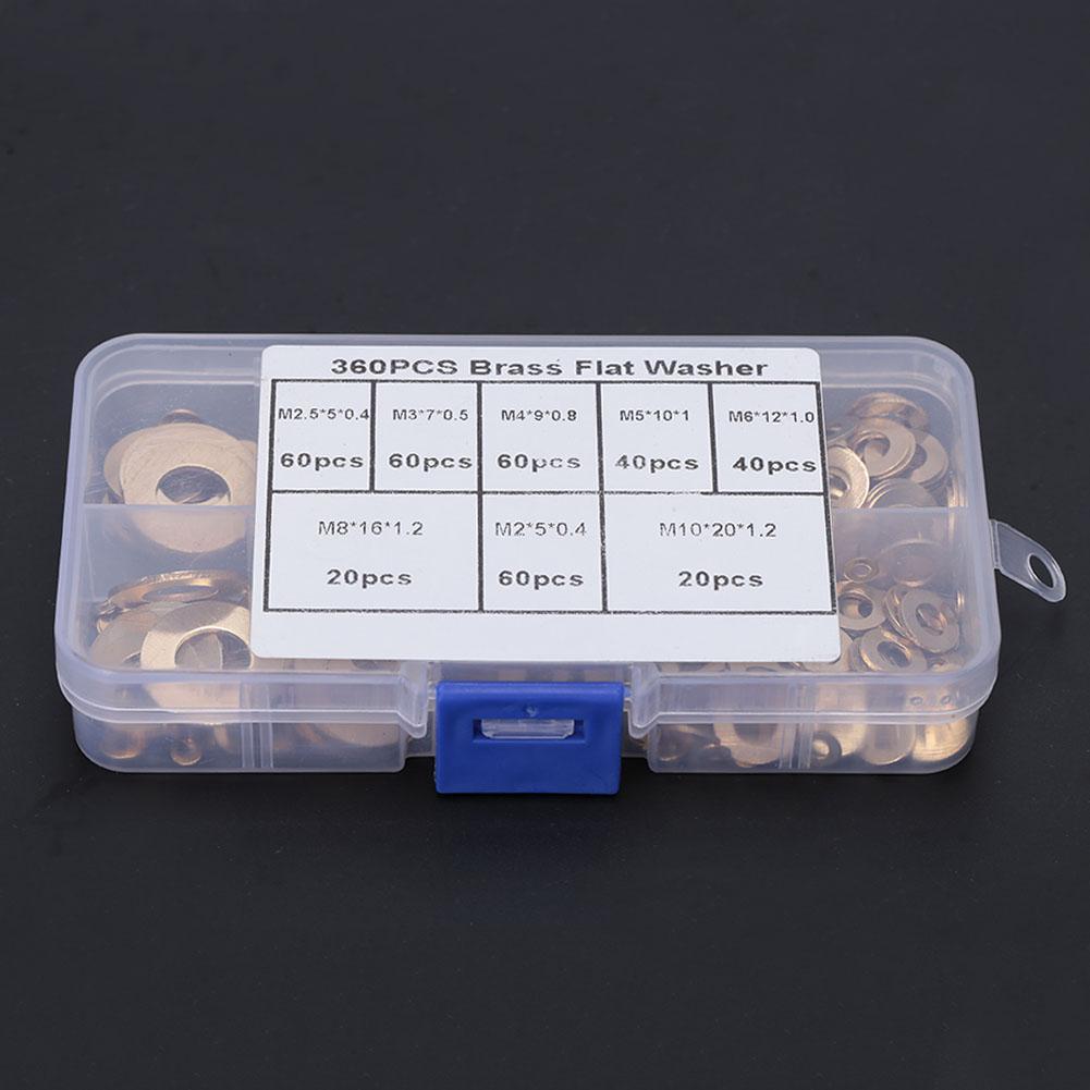 360pcs M2 M2.5 M3 M4 M5 M6 M8 M10 Brass Washer Metal Flat Gasket Ring Kit