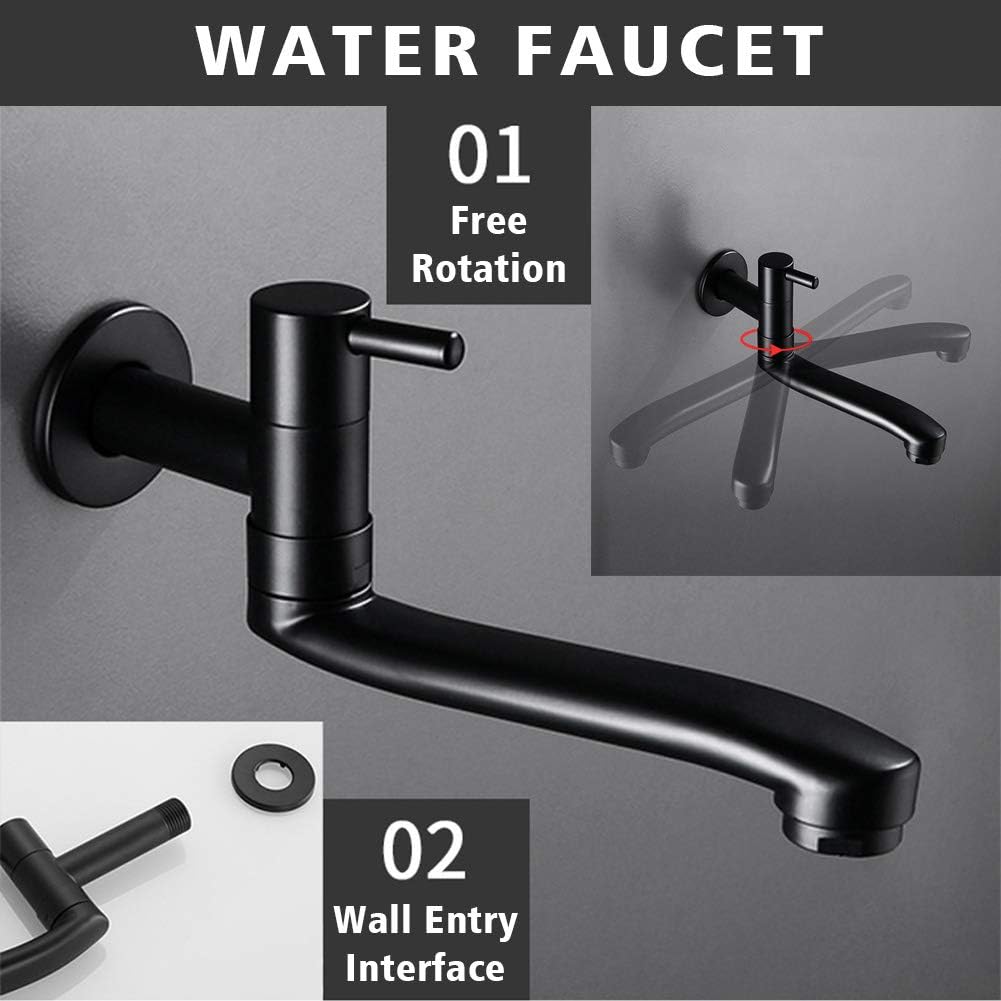 Wall-Mounted Black Cold Water Faucet Washing Machine Mop Pool Garden Taps (21cm)