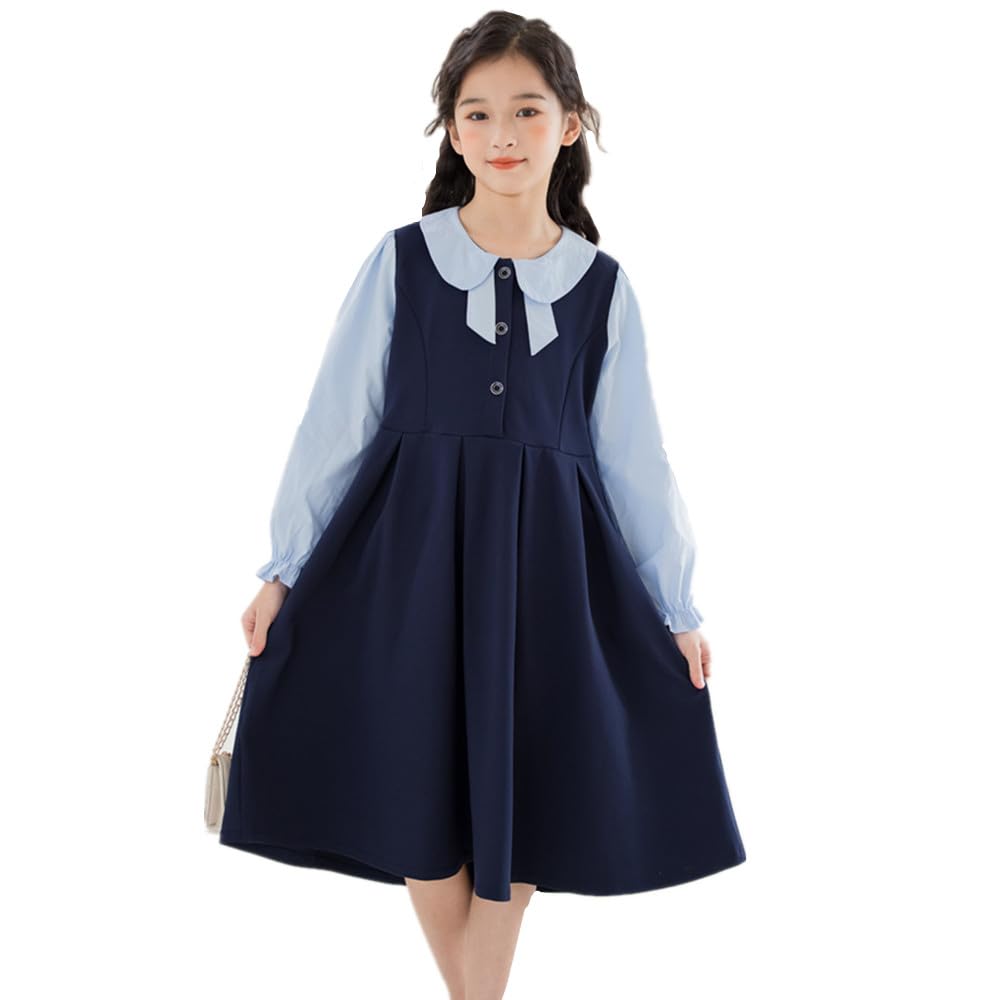 DiiFoky Long Sleeve Dress with Layered Look and Round Perfect for School Entrance and Everyday Wear Size Kids' Collar, Recitals, Ceremonies, (Navy,