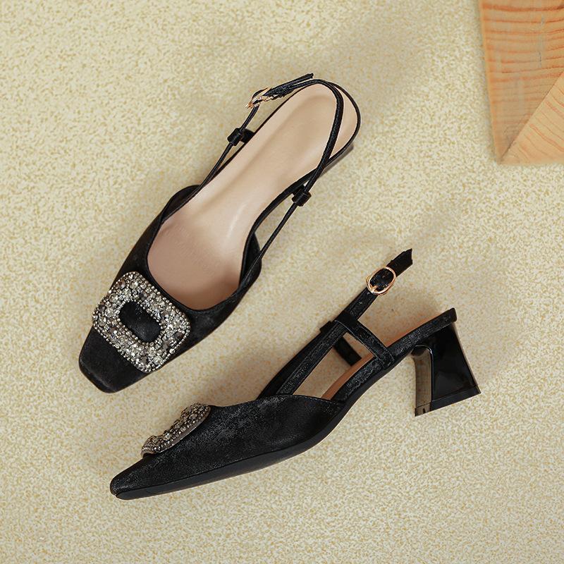 French bag head sandals women's 2025 new medium thick heel single shoes with empty square head high heels women's summer