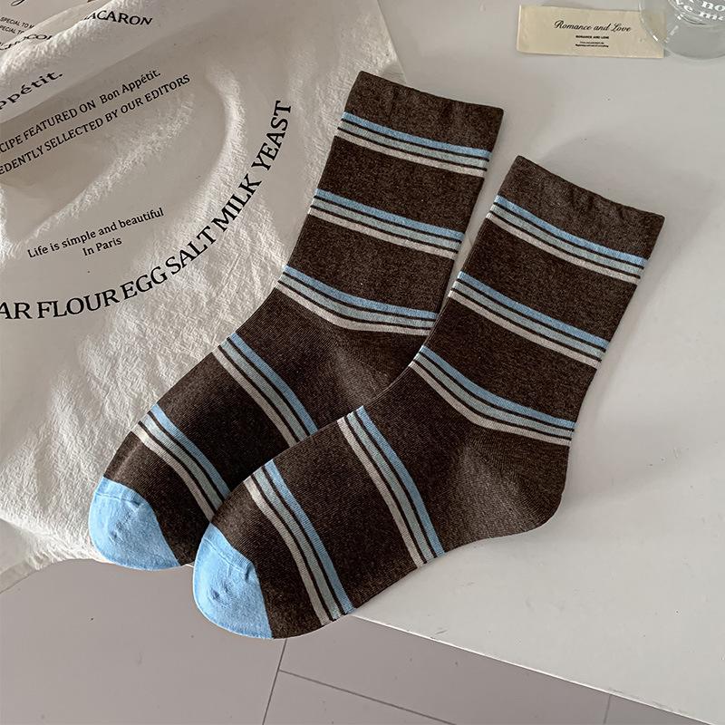 Retro Maillard Coffee Striped Mid-Calf Socks for Women - Autumn/Winter Academic Style Fashion Block Korean Loose Fit.