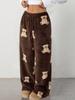 Women Leopard Print Wide Leg Pants Elastic Waist Drawstring Casual Loose Long Trousers
