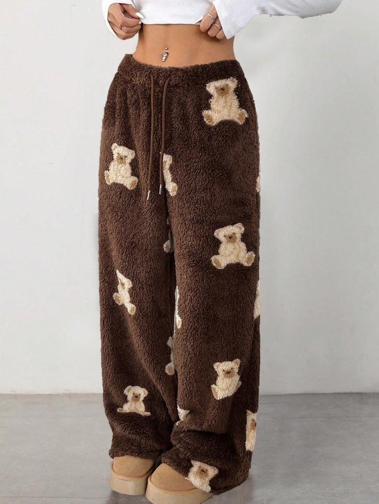 Women Leopard Print Wide Leg Pants Elastic Waist Drawstring Casual Loose Long Trousers
