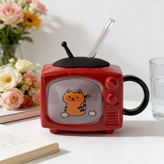 Retro Cat TV Ceramic Mug with Lid & Straw 450ml Cute Coffee Cup Leak-Proof Heat Resistant TV Shape Milk Beer Mugs Novelty Gift Home Decor