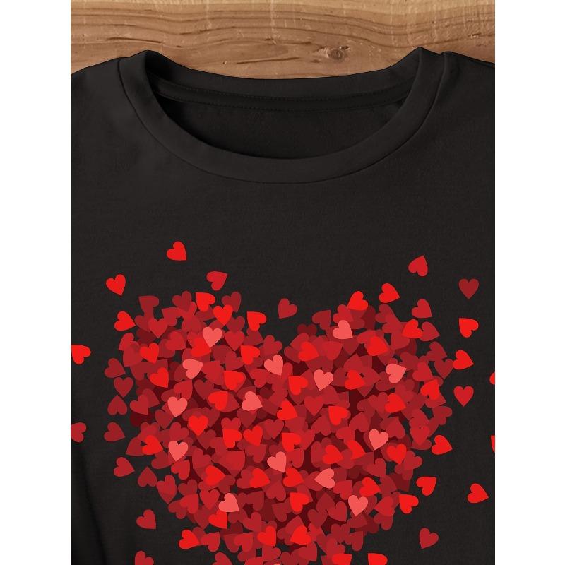 Heart Print Crew Neck T-Shirt, Casual Short Sleeve Top For Spring & Summer, Women's Clothing European Size