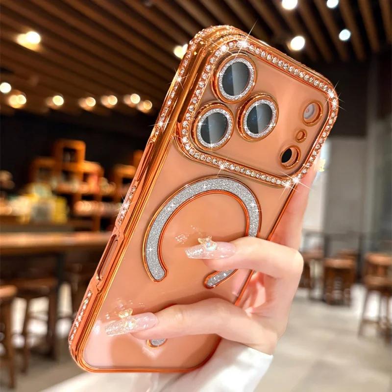 Beschichtetes Glitzer-Diamant-Strass-Magnetisches Kabelloses Ladecase Für iPhone 17 Pro Max Air 16 15 14 13 12 Weiche Silikonhülle