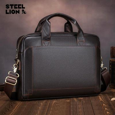 Top-Grain Leather Business Briefcase for Men - Professional Handheld Laptop Bag with Multiple Compartments, Durable Office Work Tote