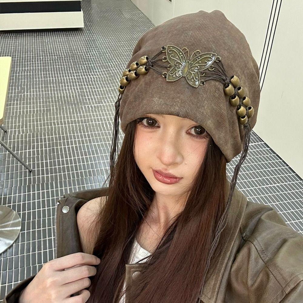 Weave Beaded Butterfly Hat Retro Knitted Tie-dye Hat Casual Wasteland Pullover Cap  Girls