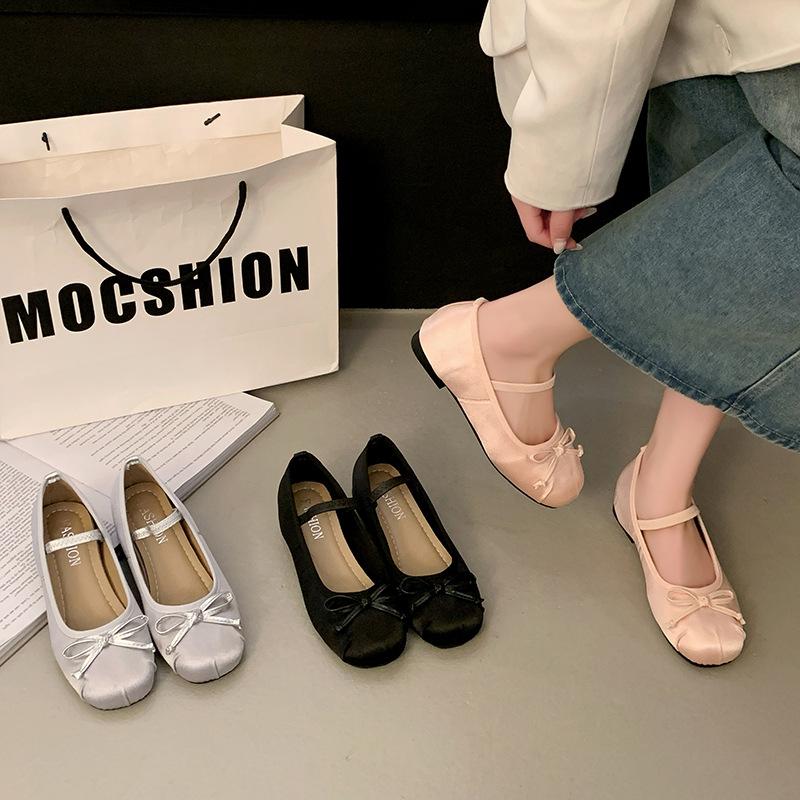 French Mary Jane single shoes square head women's shoes gentle flat bow spring and summer 2025 new beanie shoes women's shoes