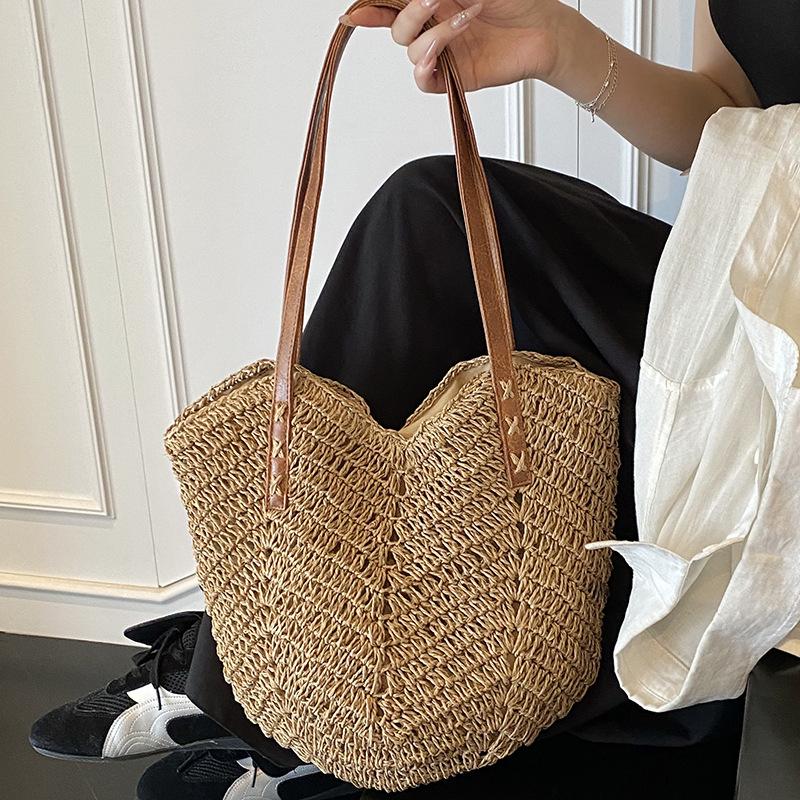 Straw Bag Women's New Seaside Vacation Beach Woven Bag Large Capacity Shoulder Bag Tote Straw Bag Vegetable Basket