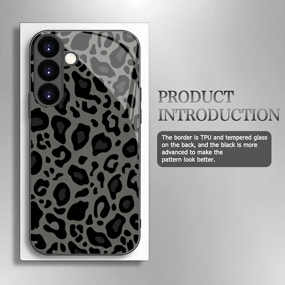 Leopard Black Tempered Glass Phone Case Suitable for Samsung GalaxyS26 S25 S24 S23 S22 S21 S20FE/Ultra/Plus Anti Drop Back Cover