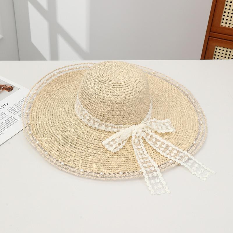 Summer Bow Sun Hat Female, Seaside Beach Vacation Sun Hat Outdoor Big Brim Sun Hat Sweet Straw Hat