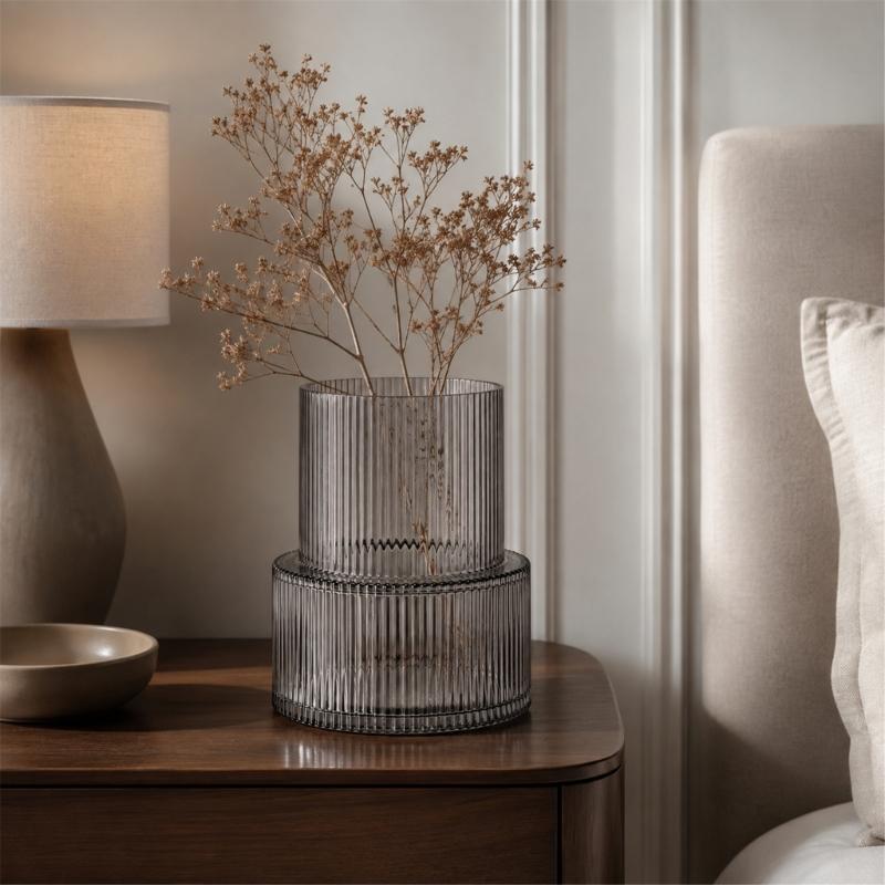 Ribbed Flower Display Jar in Fluted Glass, Indoor Accent Vessel for Cut Flowers, Artificial Bunches, and Desk Placement