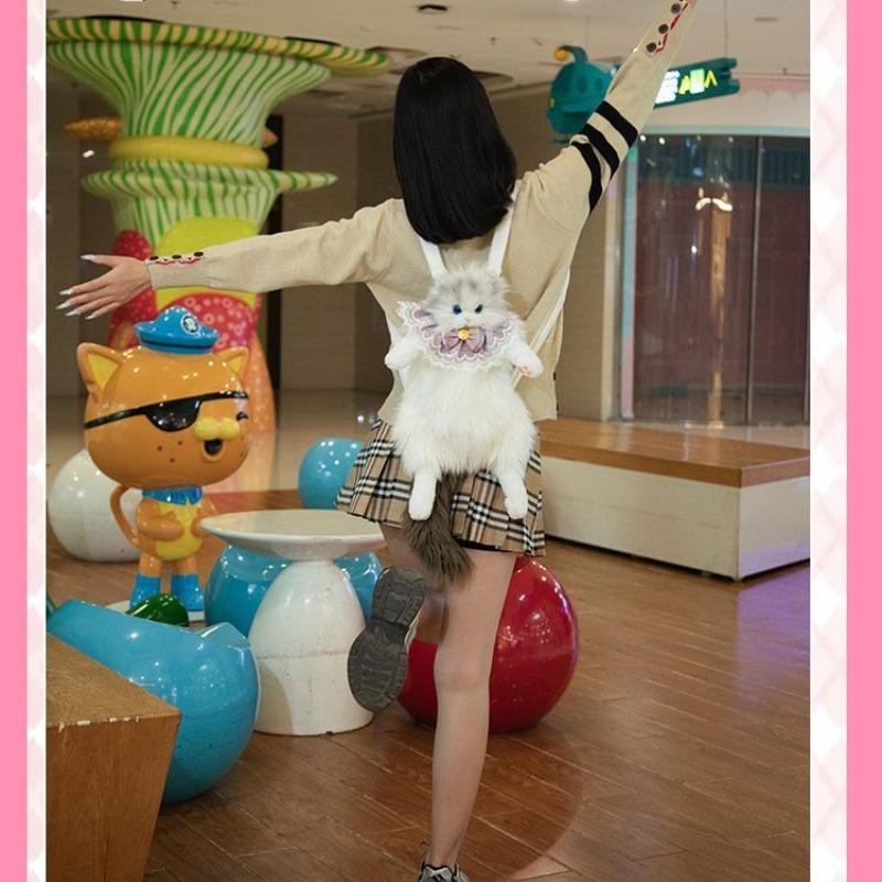 Weiche Plüschtasche Niedliche Simulierte Katze Designer Rucksack Damen Trendiger Rucksack Handtasche für Frau Schulrucksack Geschenke für Mädchen