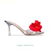 New Summer Sweet Style Women Sandals Square Toe Satin Rose Open Toe Elegant High Heels Clear Thin Heel Slip On Slippers