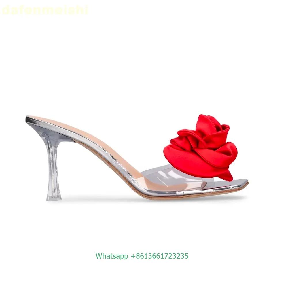 New Summer Sweet Style Women Sandals Square Toe Satin Rose Open Toe Elegant High Heels Clear Thin Heel Slip On Slippers