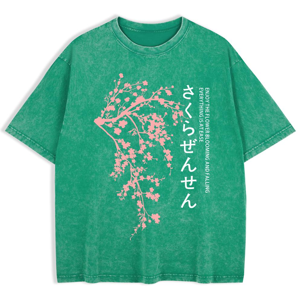 Japan Kirschblüten Aufdruck Gewaschene T-Shirts Herren Baumwolle Oversize T-Shirt Lässige O-Ausschnitt Kurzarm Oberteile Kleidung