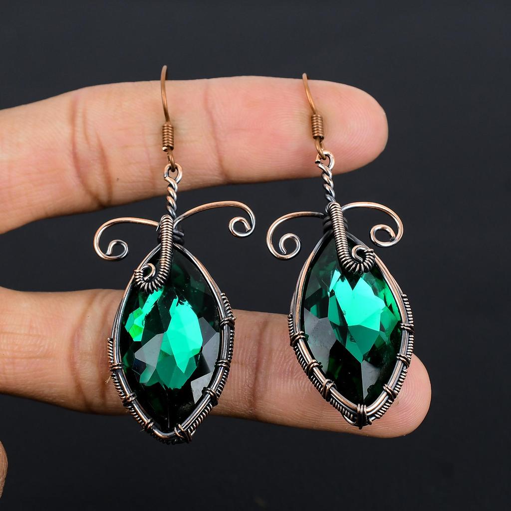 Green Mystic Topaz 999 Copper Wire Wrapped Earrings, Handmade Gemstone Jewelry Earrings, For Memorial Day