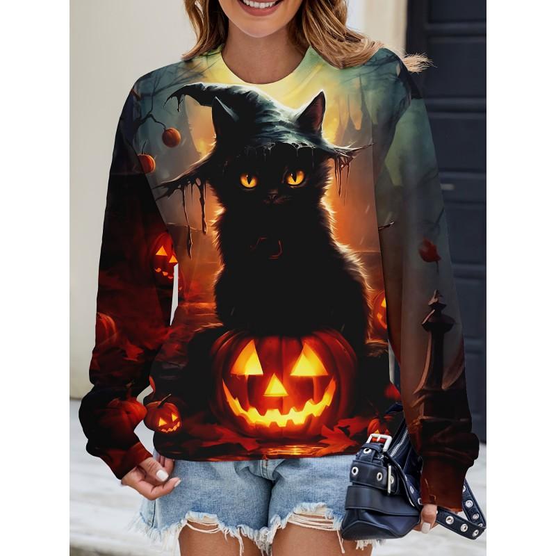 Womens Casual Hoodie With 3D Halloween Print Round Neck Lightweight Breathable Fabric