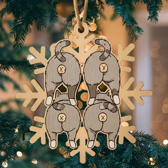 Cat Butt Snowflake Christmas Ornament Funny Cat Butt Wooden Xmas Tree Ornament Snowflake Shape Hanging Pendant for Tree Home Decor