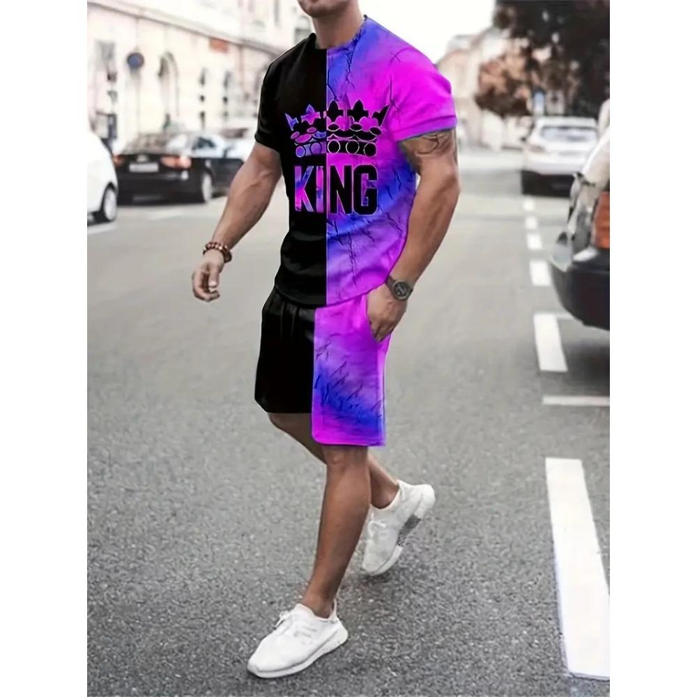 Summer Men Hip Hop Style Printed Men's Crew Neck T-shirt Shorts Set  Fashionable Cartoon Print Street Casual Everything
