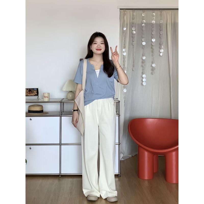 

Plus-Size Women s Clothing Is Perfect for Fat Girls in Summer, Looks Great and Slimming, with a Regular Shoulder Design, Short-Sleeve T-Shirt 3628 Gray Blue L