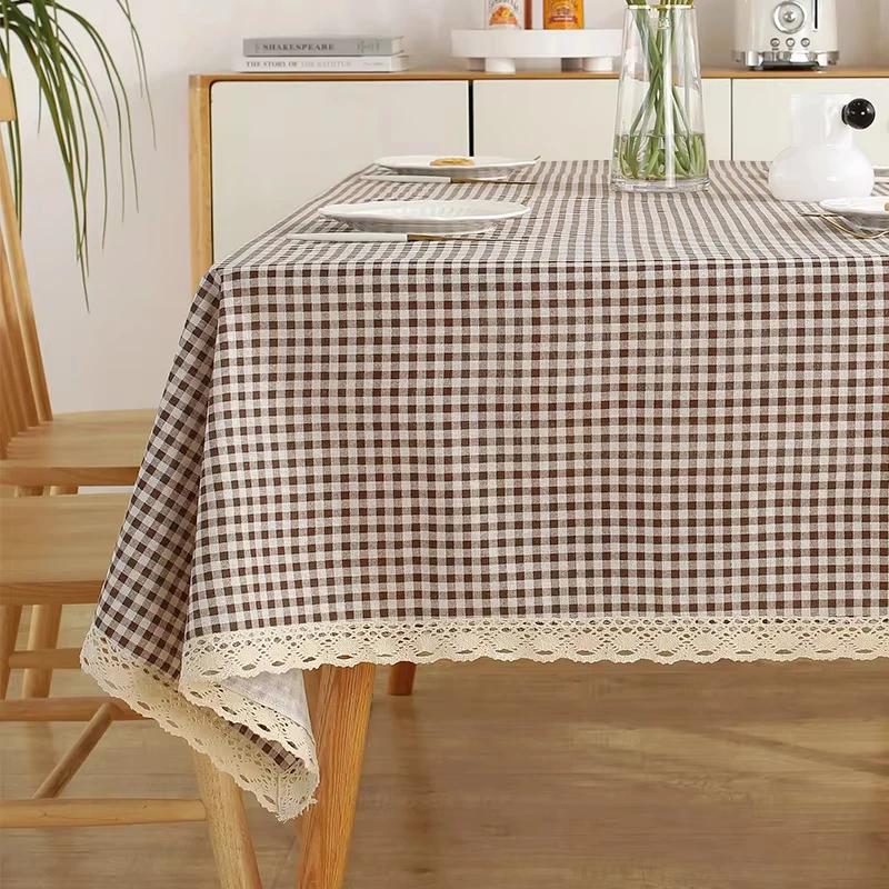 Nordic Style Coffee Grid Tablecloth Rectangle Tablecloth with Lace Dust-Proof Table Cover for Kitchen Dinning Table Decoration