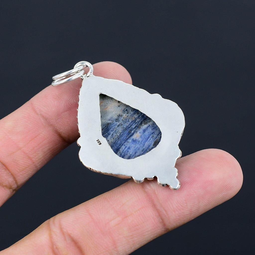 925 Sterling Silver Sodalite Stone Handmade Bezel Handcrafted Engagement Pendant