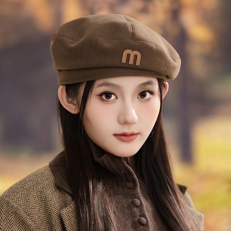 Japanese Retro M mark Versatile Solid Color Beret Autumn and Winter Outdoor Leisure Windproof Octagonal Hat British Style Painter Hat