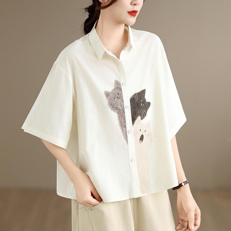DIMANAF 2026 Women Plus Size New Summer Blouse Shirt Short Sleeve Cotton Print Casual Loose Lady Tops Shirts