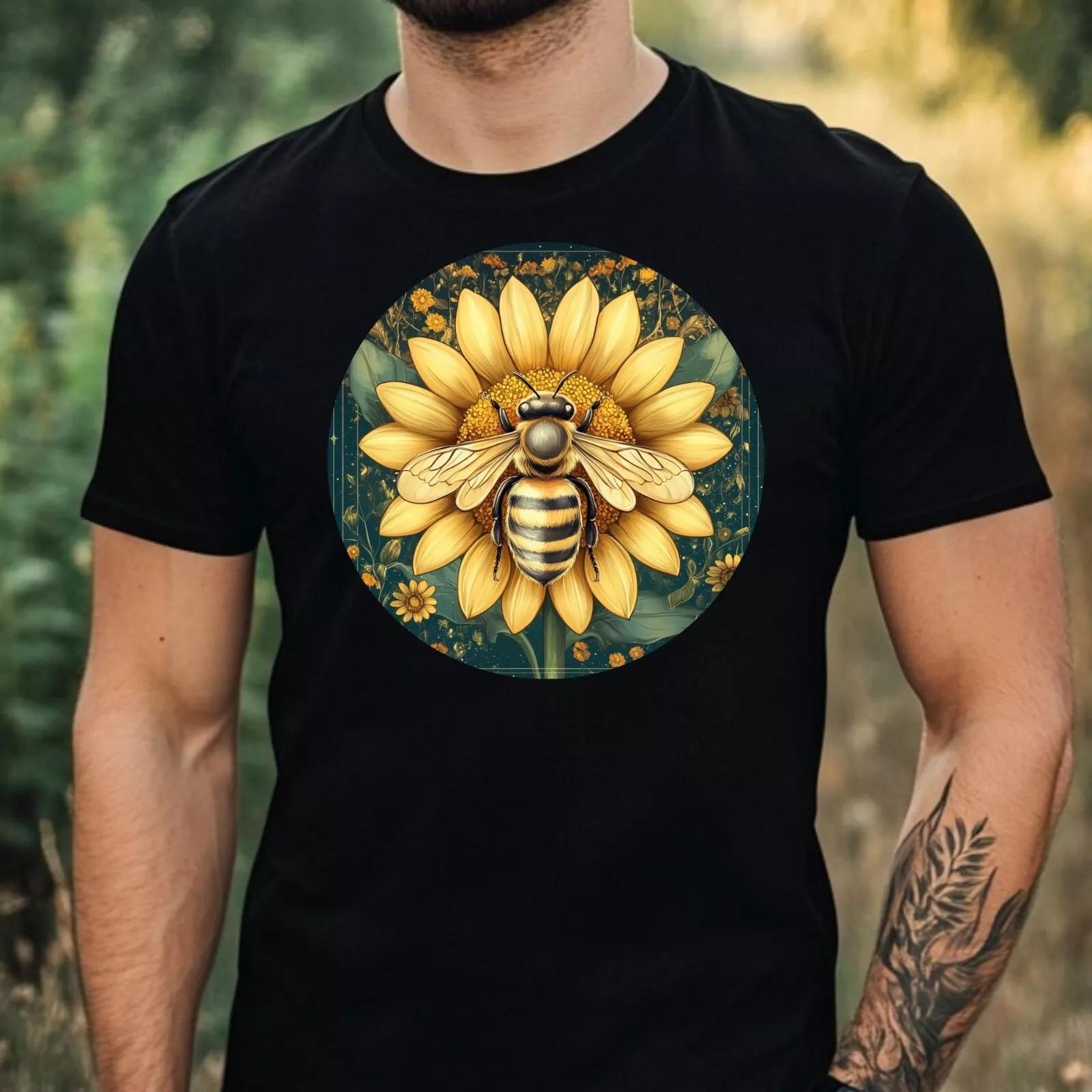 

100% cotton TOPS UNISEX TEES MENS WOMENS Biene mit Sonnenblume Motiv Baumwolle Tshirt T-shirt 4XL чёрный