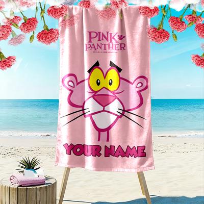 Custom Name Pink Panther Print Beach Towel, Large Soft Quick Dry Towel for Beach Camping Swimming