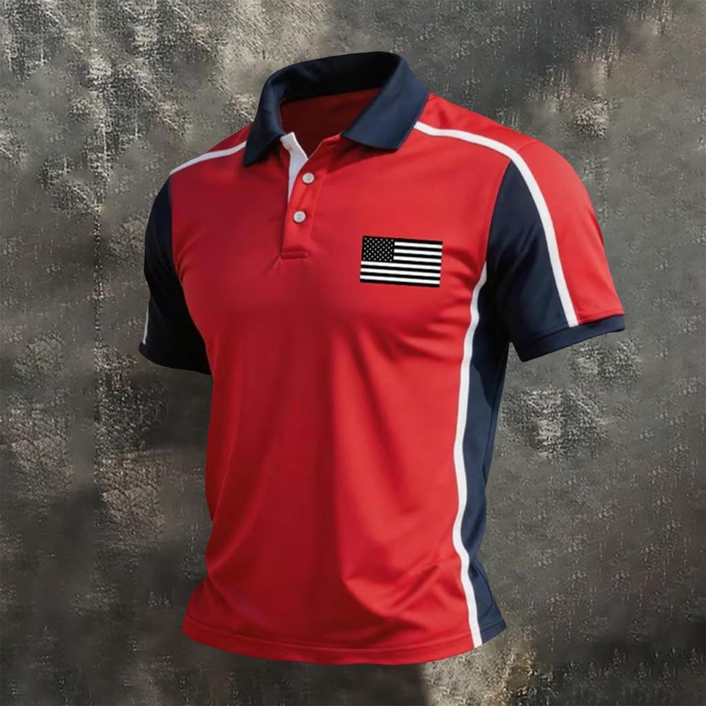 Men's Casual Short Sleeve Polo Shirt with Independent Day Flag Print and Color Block Design for Outdoor and Everyday Wear