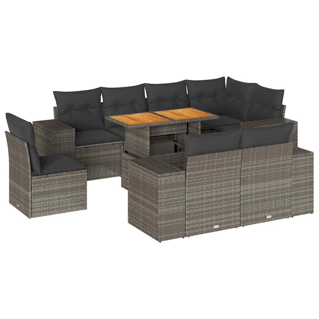 Vidaxl 9-Cz. Garden Furniture Set With Cushions, Grey, Poly Rattan