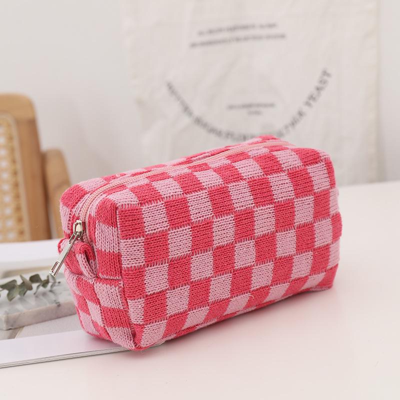 Korean Plaid Knit Makeup & Pencil Storage Bag - Large Capacity Organizer