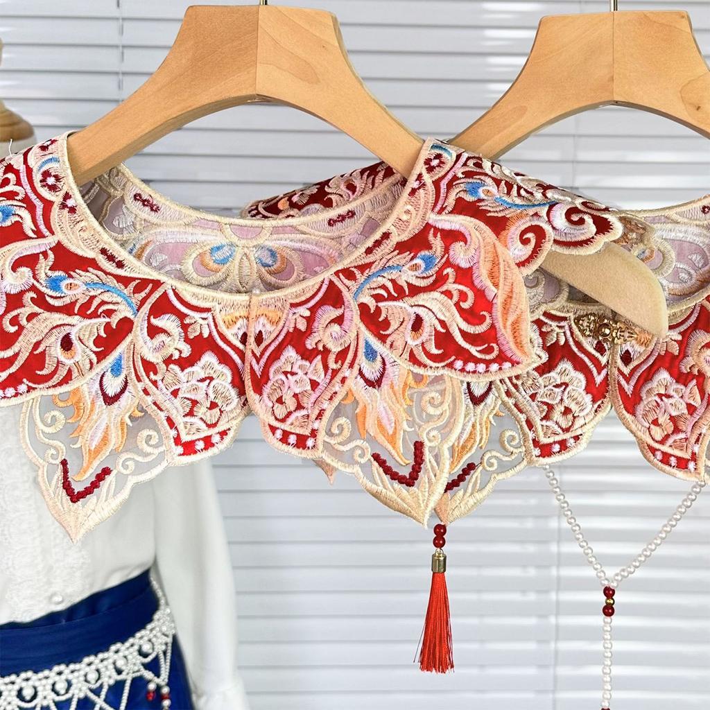 Ethnic Fringed Faux Collar Decorative Half Shawl Cloud Shoulder Collar for Chinese Ancient Costume Festival Neckpiece