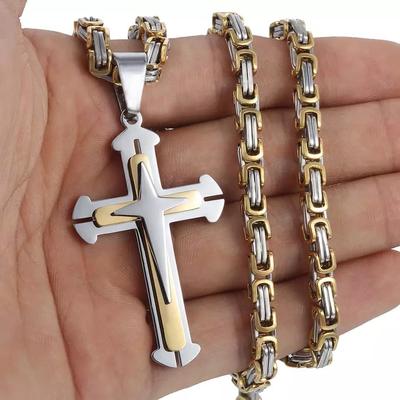 Titanium Steel Men's Cross Pendant Necklace Three-layer Cross Does Not Fade Stainless Steel European and American Jewelry