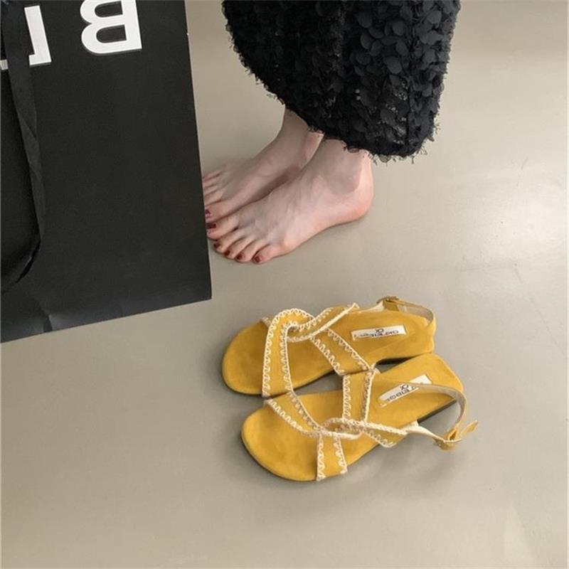 

2025 лето новый зарубежный стиль крест слово на плоской подошве ретро этнический стиль сандалии повседневные пляжные римские туфли 40 жёлтый