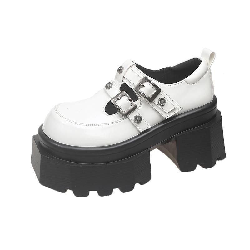 

Fashion Block Heel Single Shoes Fall New Round Toe Studded Metal Buckle One Strap Platform Non-Slip Mary Jane Pumps 39