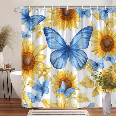 1pc Vibrant Blue Butterfly and Sunflower Shower Curtain - Polyester Fabric, Machine Washable, Suitable for Bathroom Decoration