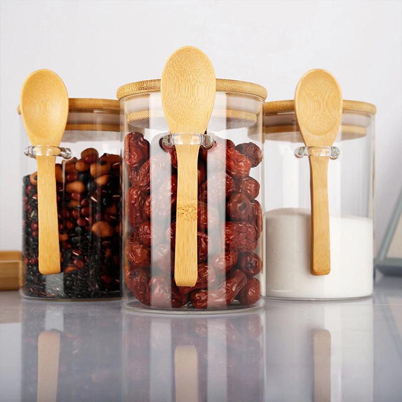 Glass Jar with Spoon: Bamboo Lid Kitchen Storage for Grains and Dried Fruits