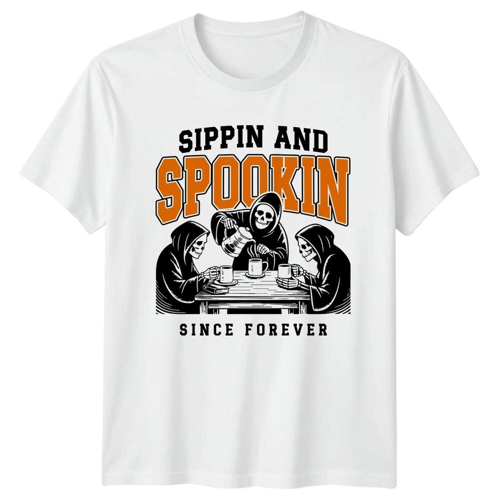Sippin And Spookin Halloween Humor Skeletons Unisexs Unisexs Graphic Tee S