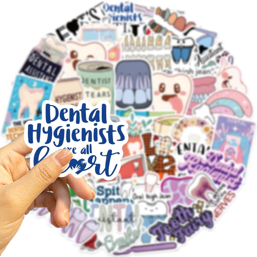 50Pcs Cute Dental Tooth Shaped Stickers Cartoon Teeth Sticker Dentist Store Toothbrush Label Decoration Dentistry Gifts