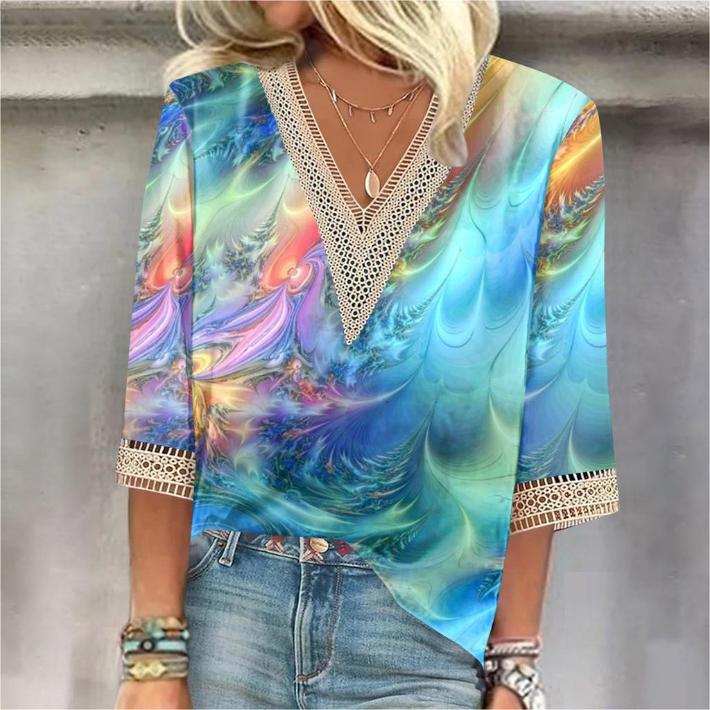 Koszula damska Bluzka Casual Luźne koszule Rękaw 3/4 Koronkowe wykończenia Nadruk Topy z dekoltem w kształcie litery V Topy z nadrukiem T-shirty Tee