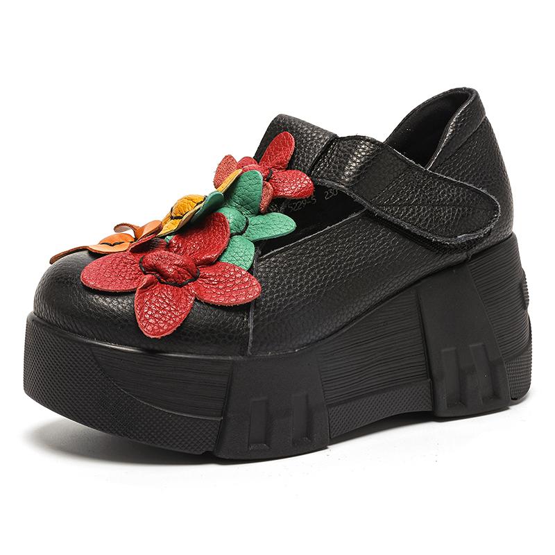 Fashion GKTINOO 2025 Spring Ethnic Flowers Women Pumps Genuine Leather Shoes Wedges Heels Shoes Thick Sole Casual Ladies Platform Shoes